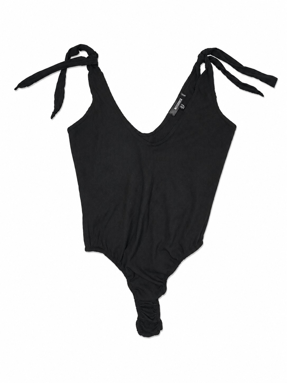 Missguided Tied Strap Black Ribbed Bodysuit, Size 10